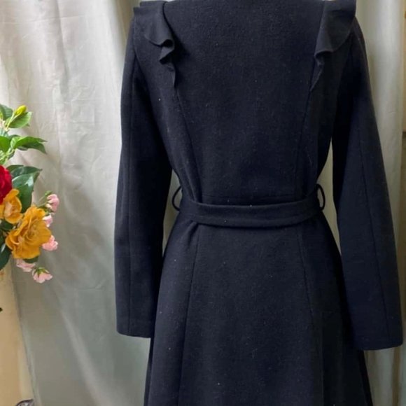PORTMANS Wool blend Black Ruffle Belt Winter Coat - Picture 4 of 8